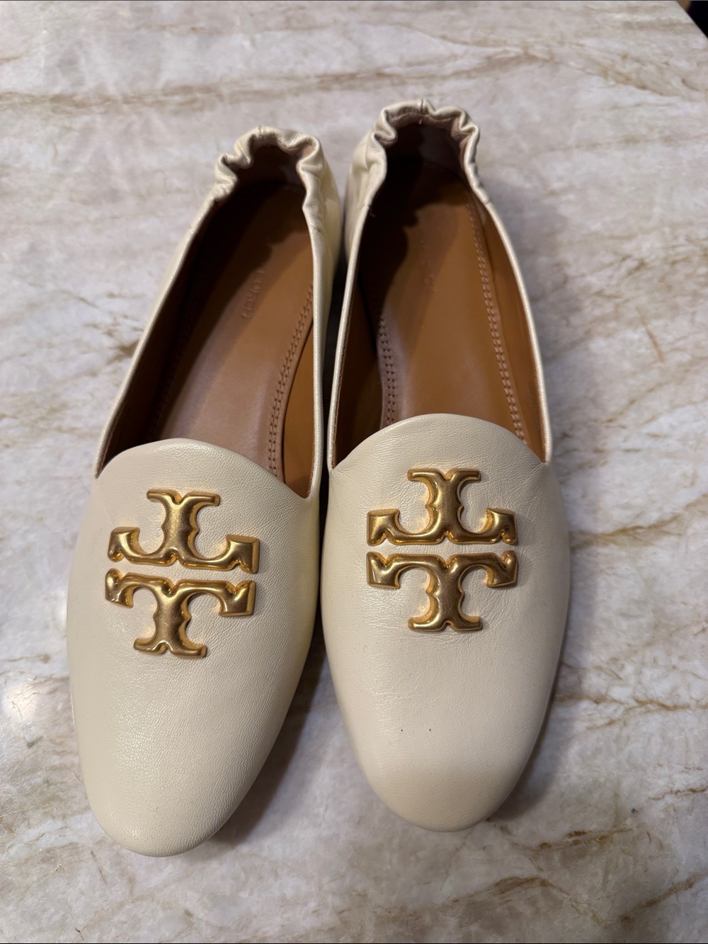 Tory Burch Ivory Leather Logo Loafers with Gold Hardware